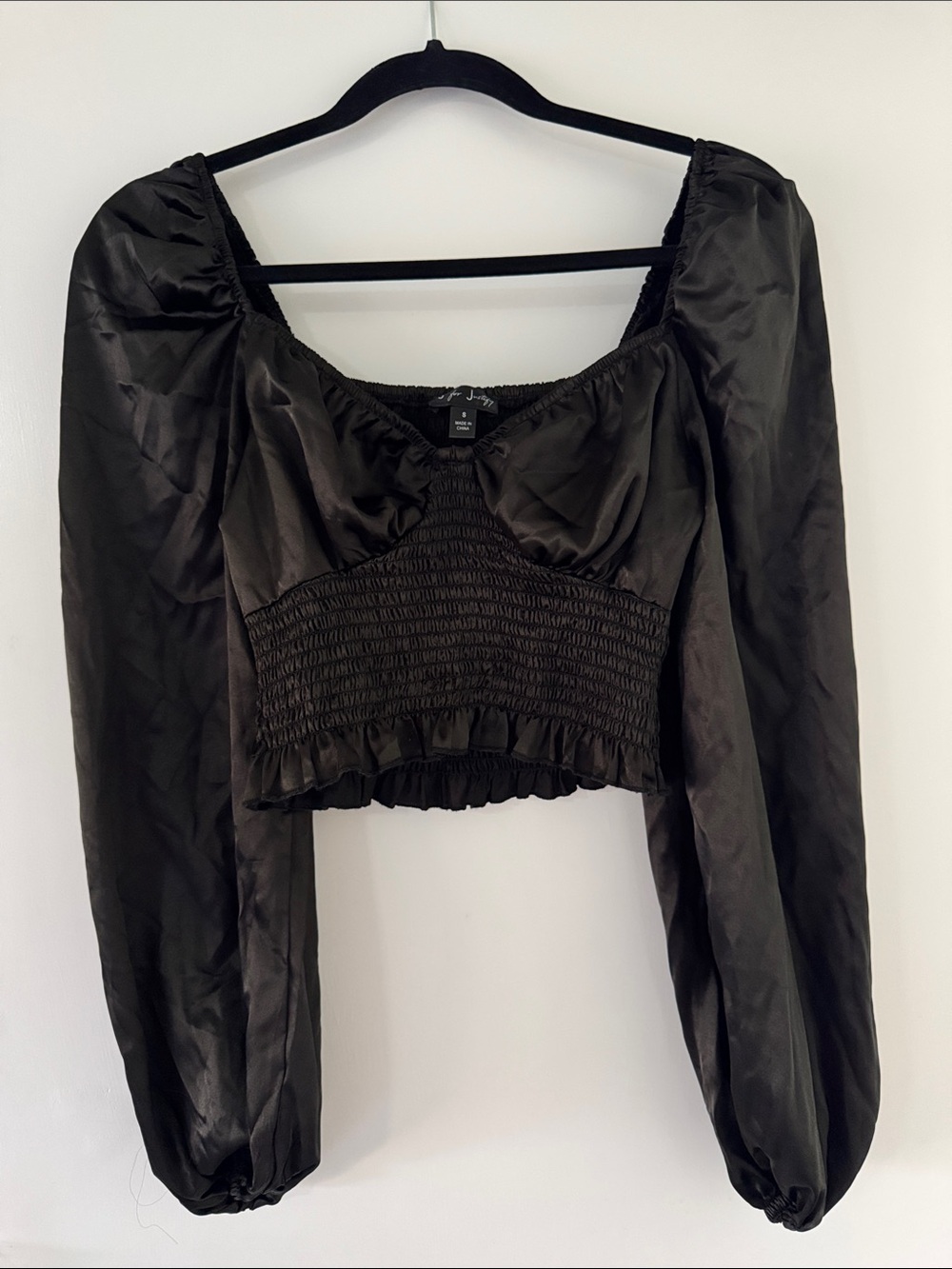 J for Justify Black Satin Smocked Puff-Sleeve Crop Top Blouse